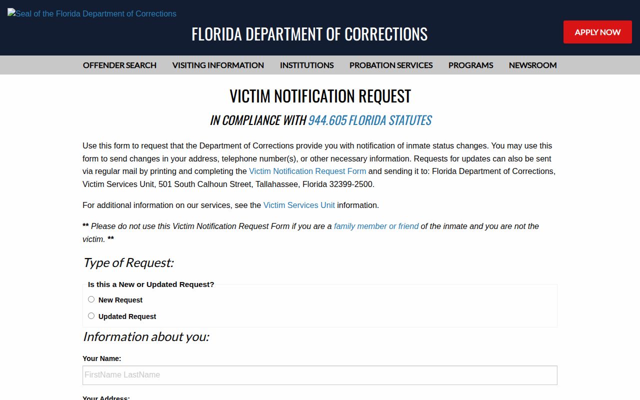 Volusia County release notification request through Florida corrections