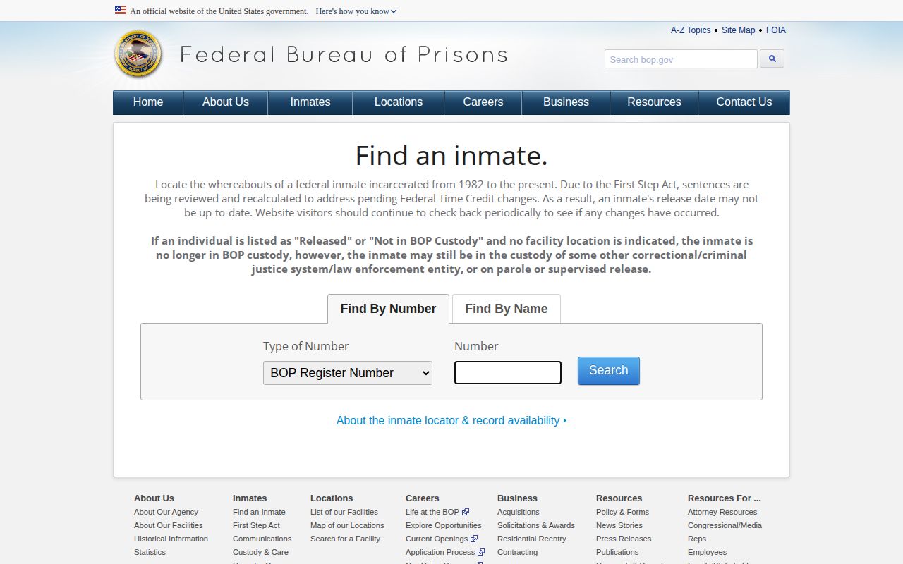 Federal BOP locator for a Volusia County federal release record