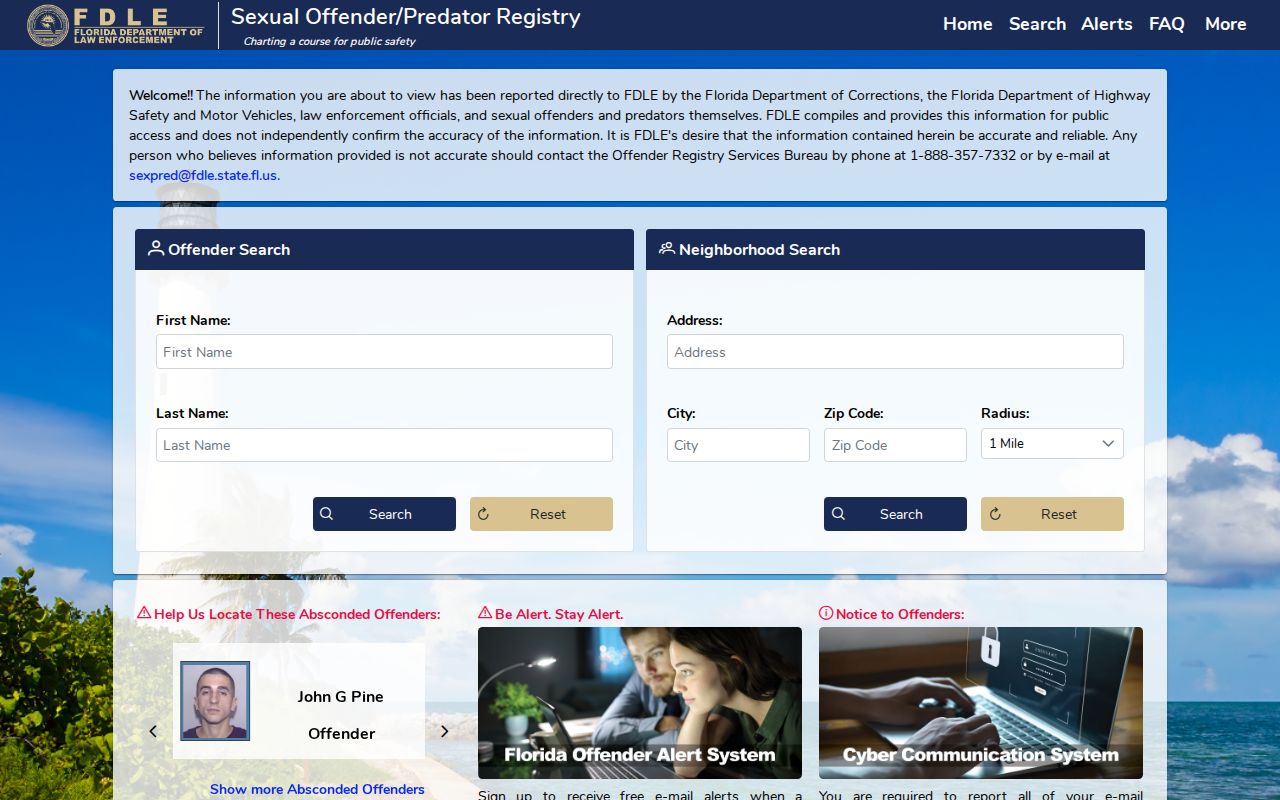 Volusia County released registrant search through the Florida FDLE registry