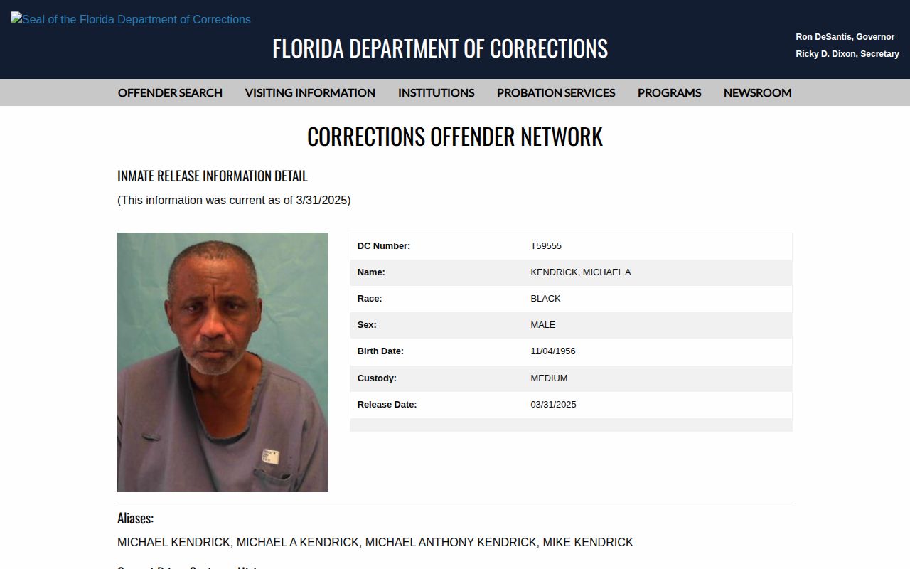 FDC released offender photo and release record for Volusia County research